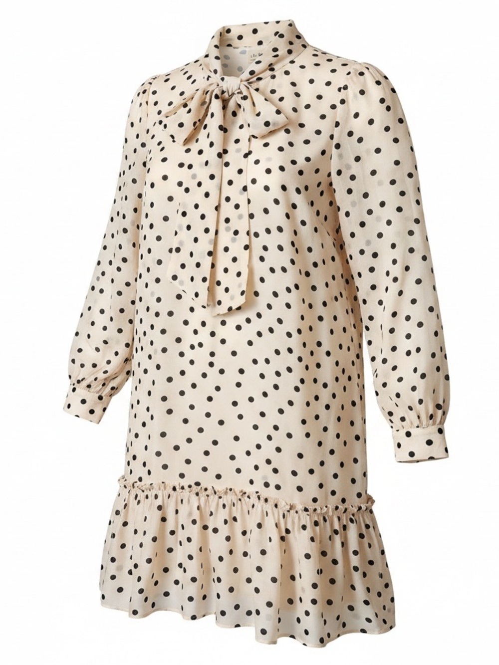 NWT LA VIE Rebecca Taylor Ivory Black Polka Dot Tie Neck Ruffle Shift Dress M